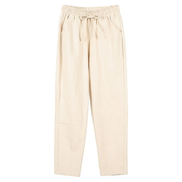 Pantalones palazzo de algodón y lino de cintura alta para mujer: pierna ancha, corte holgado, bolsillos, transpirables para verano/playa