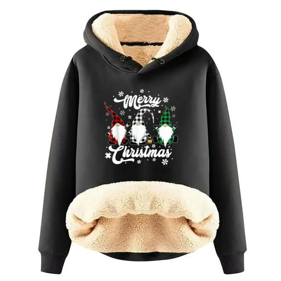 Honeeladyy Womens Fleece Lined Hooded Sweatshirt, Winter Solid Color Thick Soft Pullover with Chirstmas Printed Thanksgiving Gift