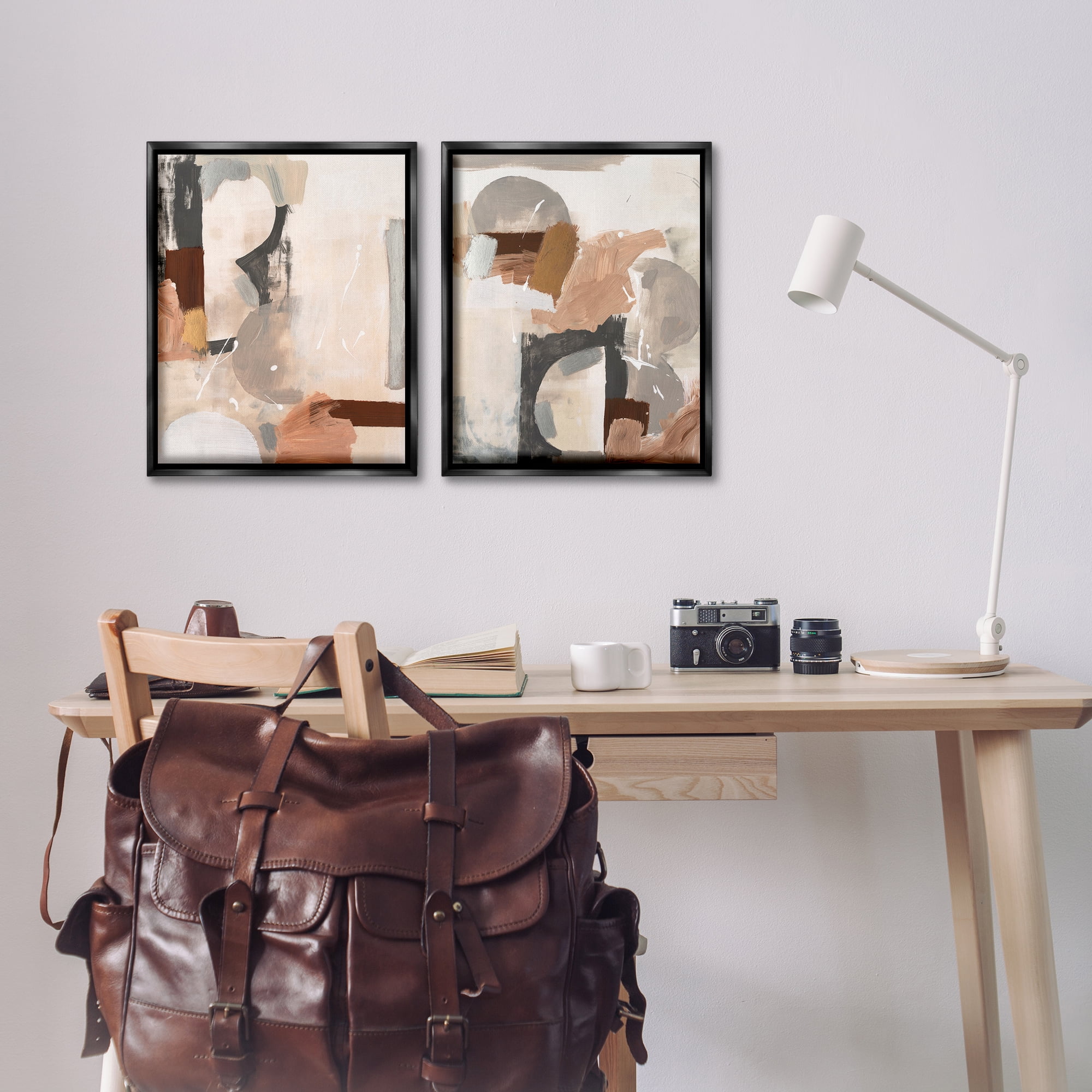 Stupell Industries Abstract Neutral Shapes Brown Abstract Painting Black Floater Framed Canvas Art Print Wall Art, 17 x 21, Set of 2