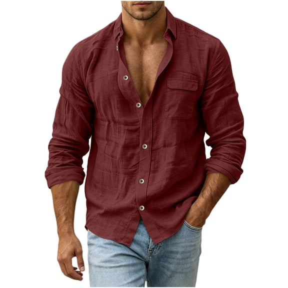 SAWOBUUN Mens Button Down Shirt Long Sleeve Collared Crinkle Casual Beach Holiday Shirts