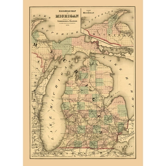 Railroad Map - Michigan Railroads Gray 1876  - Vintage Wall Art