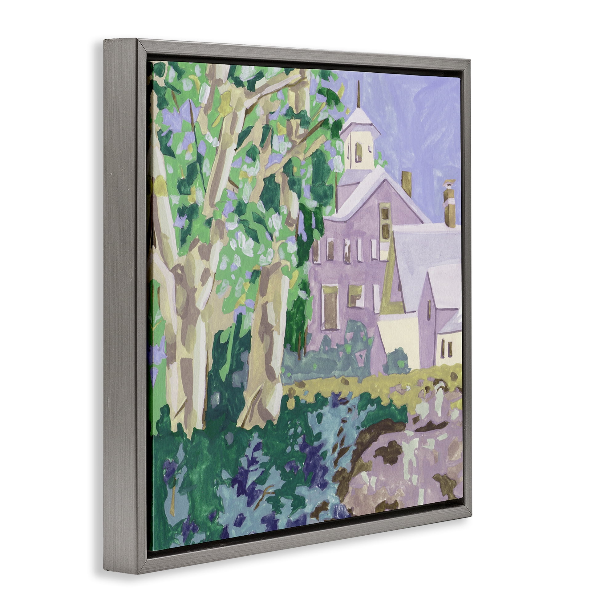 Stupell Industries Town Church Through Trees Buildings & Architecture Painting Gray Floater Framed Canvas Art Print Wall Art, 25 x 25