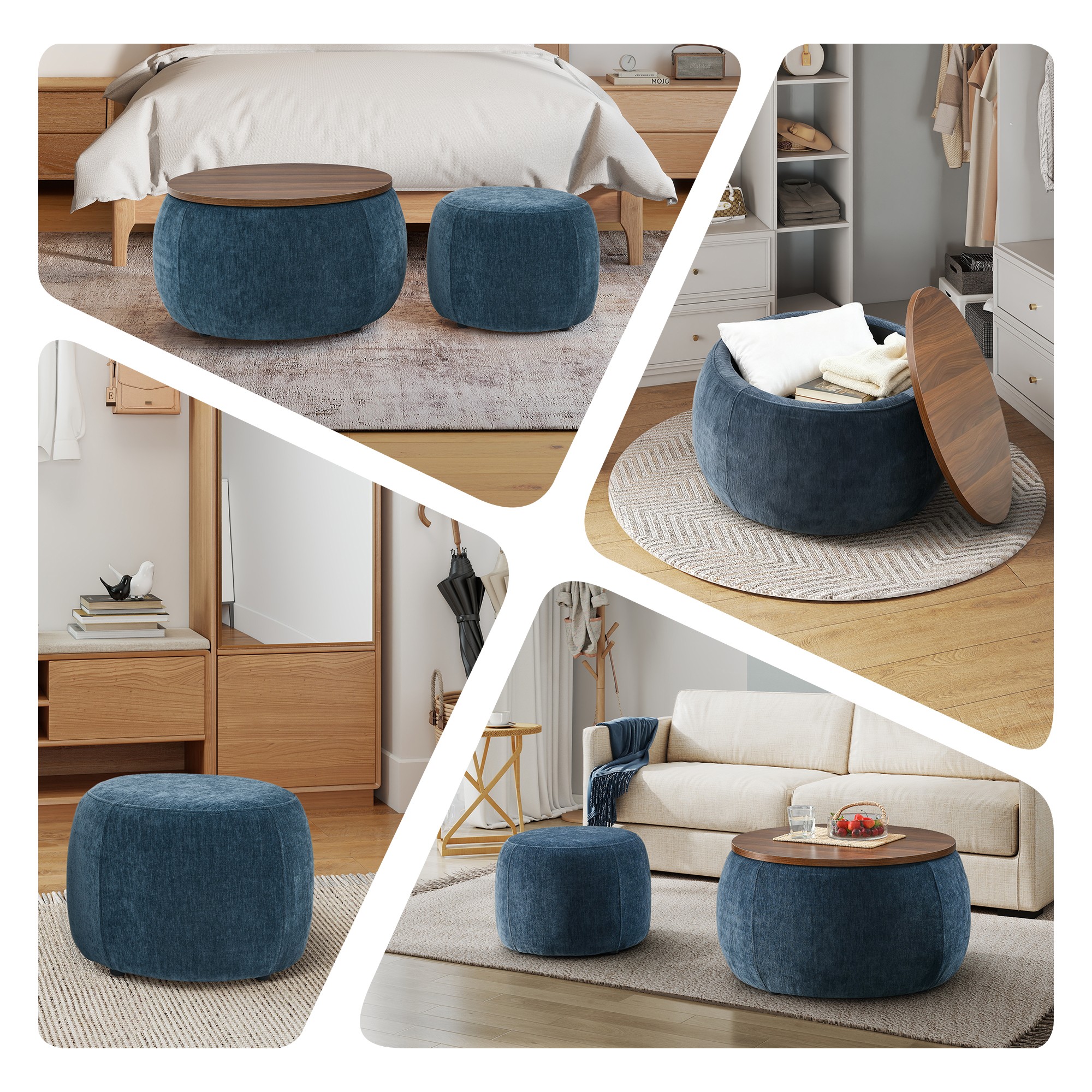 Aukfa 2pc Round Storage Ottoman, Chenille Upholstered Pouf Foot Rest Stools, Coffee End Table for Living Room, Bedroom, Dorm, Blue
