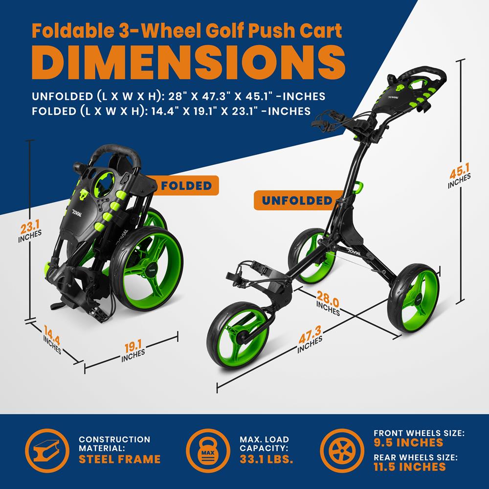 Jovial Foldable 3-Wheel Golf Push Cart - New Deluxe Scorecard Holder