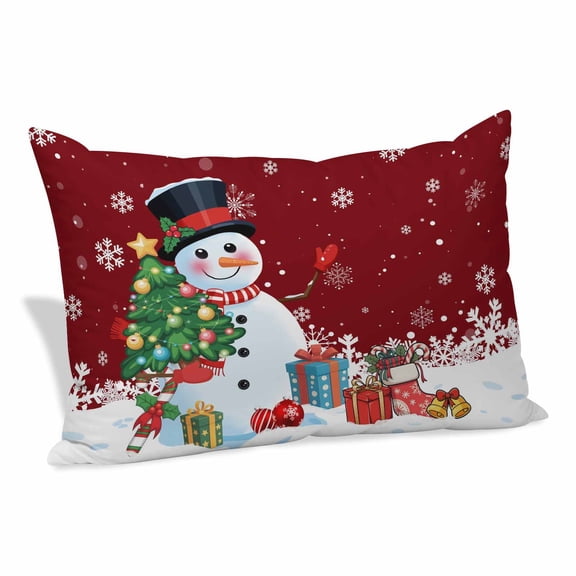 Red Snowman Christmas Pillow Covers, Linen Long Throw Pillow Case, Gifts Xmas Tree Winter Snowflake Holiday Pillow Protector Decorative Cushion Cover for Living Room/Bedroom 12" x 20"