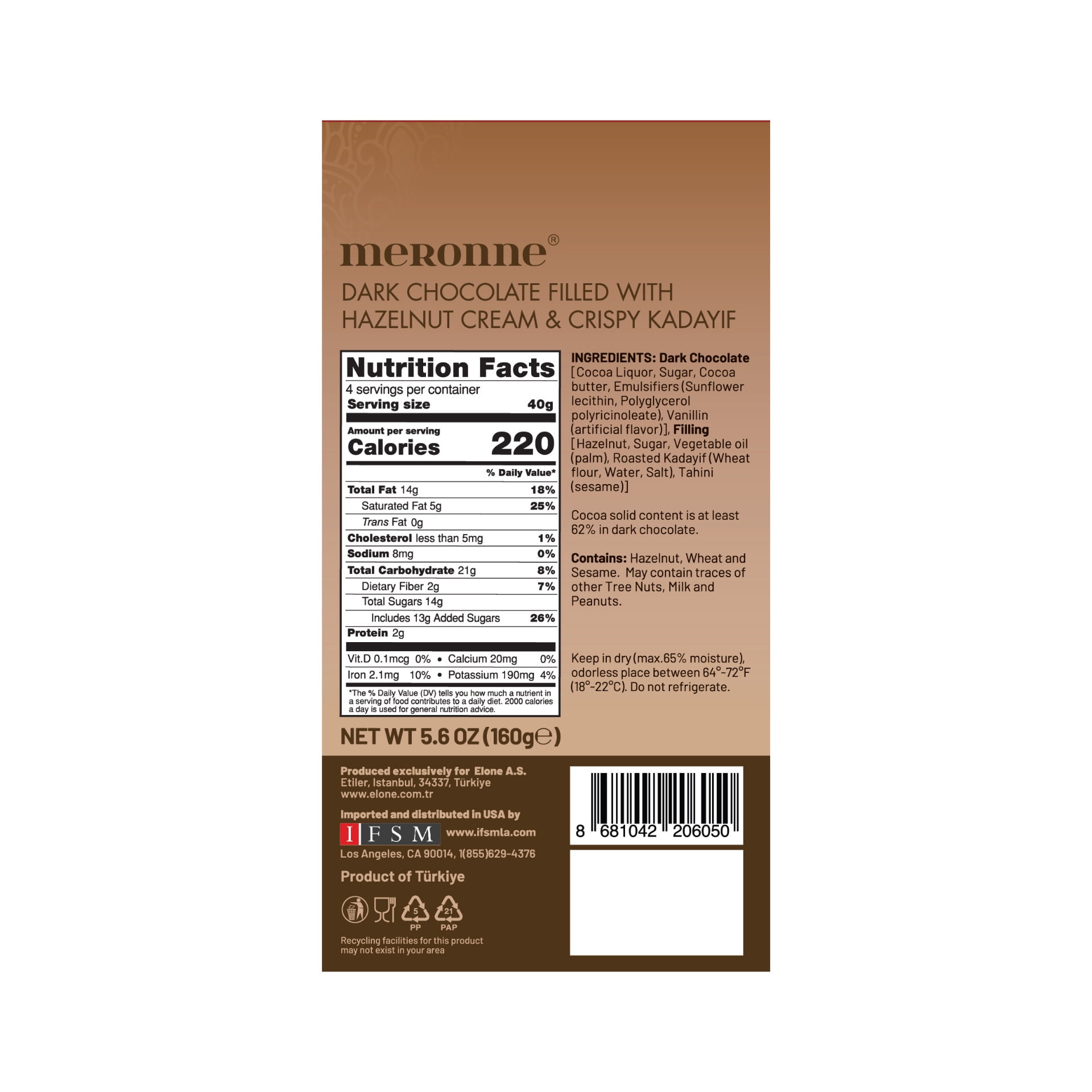 Meronne Dubai Chocolate Bar 5.64oz - Dark Chocolate with Hazelnut Cream  Crispy Kadayif