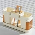 thumbnail image 5 of Toothbrush & Cup Holder with Drainage | Plastic Bathroom Countertop Organizer for Toothpaste & Toiletries | Compact Storage Rack for Sink, White or Beige, 5 of 6