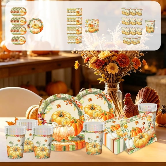 Dmlowu 24 Pcs Paper Plates, Autumn Maple Leaf & Pumpkin Paper Cups Paper Towels, Disposable Dinnerware Sets for Fall Thanksgiving Harvest Celebrations