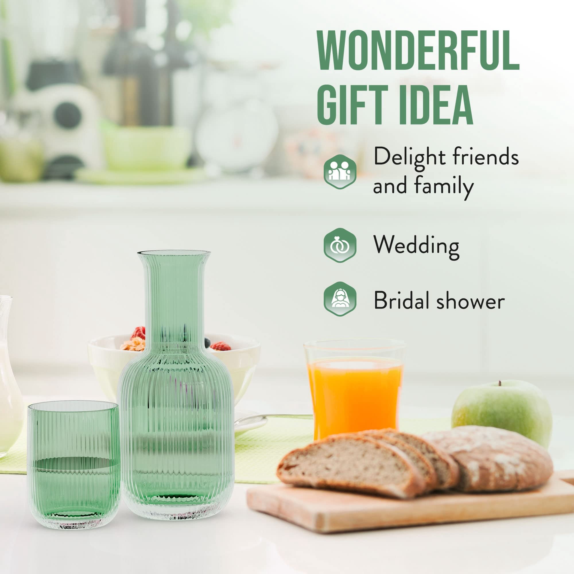 American Atelier 28 oz Bedside Water Carafe with Tumbler – 9" Ribbed Glass Pitcher with Cup Lid for Nightstand, Guest Room, Office, Bathroom, Stylish & Functional Drinkware (Green)