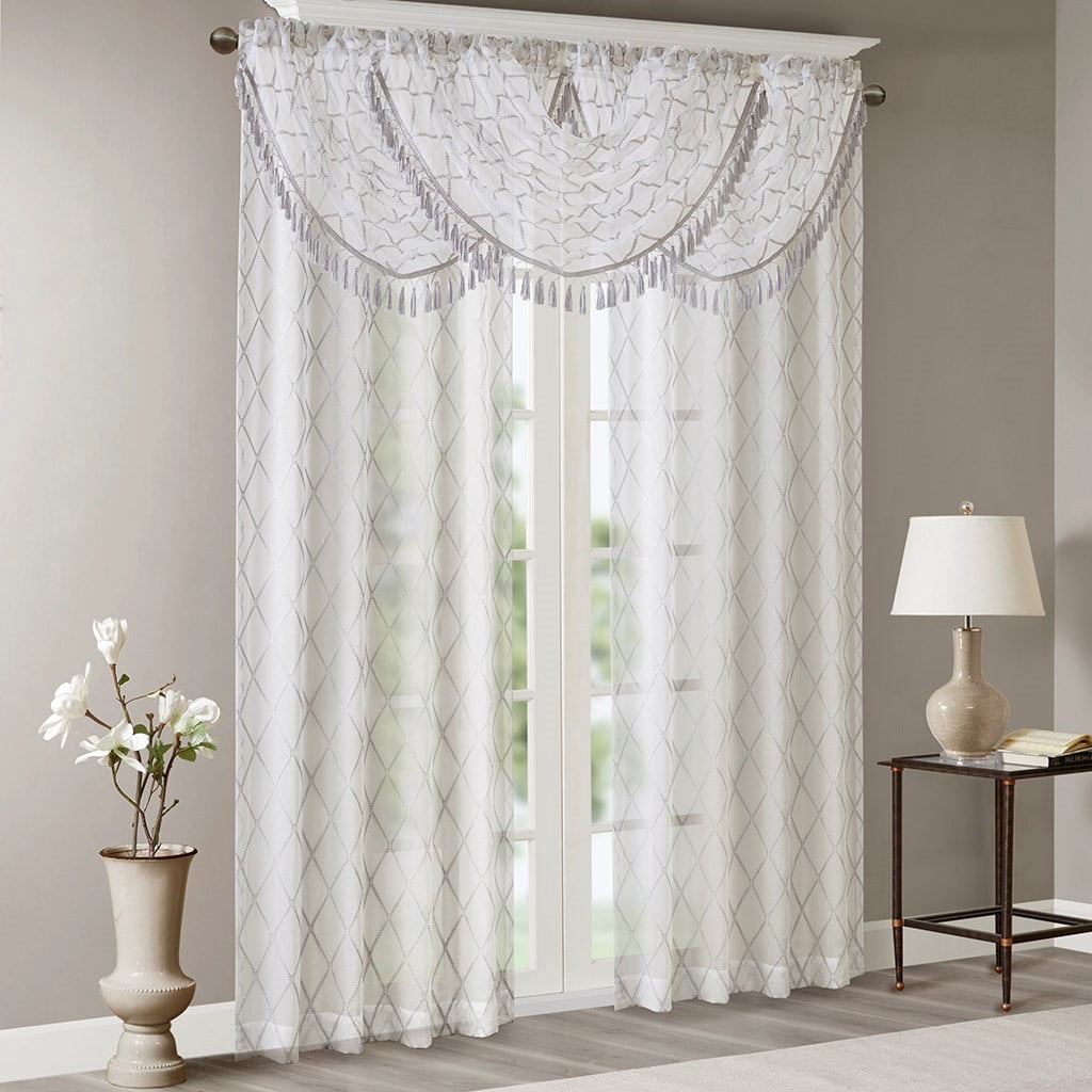 MAYEERTY 38x46" Diamond Sheer Embroidered Waterfall Valance, White/Grey