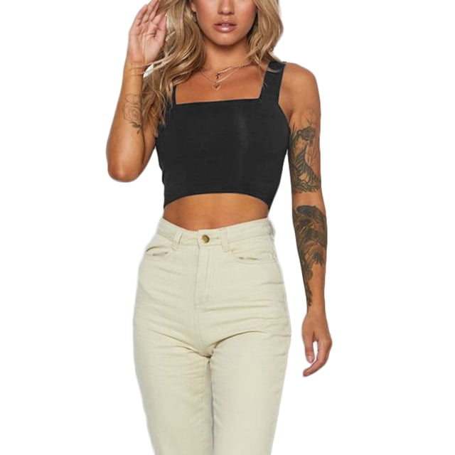 Txlixc - Camisola sexy de verano para mujer, color sólido, sin mangas, con cuello cuadrado Txlixc Moda