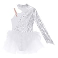 thumbnail image 4 of Alvivi Kids Girls Sequins Asymmetrical Shoulder Mock Neck Feather Tulle Skirted Leotard Jumpsuit Silver 14, 4 of 5