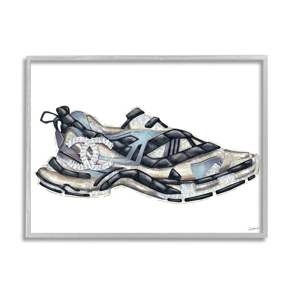 Stupell Industries Glam Fashion Running Shoe Sports Chic Sneaker Beauty & Fashion Painting Gray Framed Art Print Wall Art, 24 x 30