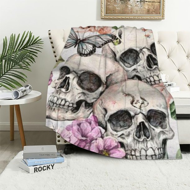 Manta de forro polar suave y cálida con diseño de calavera de azúcar y flores y mariposas para mujeres y hombres, ideal como regalo para viajes, aviones, camas, sofás y coches, de 40 x 50 pulgadas