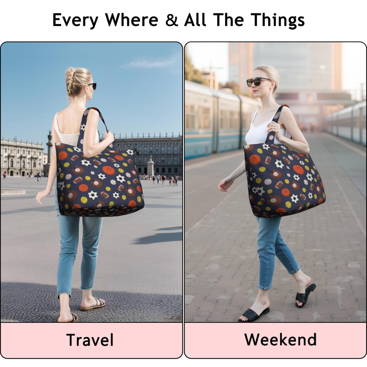 Football Baseball Pattern Travel Tote Bags for Women Carry On,Large Weekender Bags for Women Travel,Multi Functional Duffle Bag for Work,Shopping,Sports