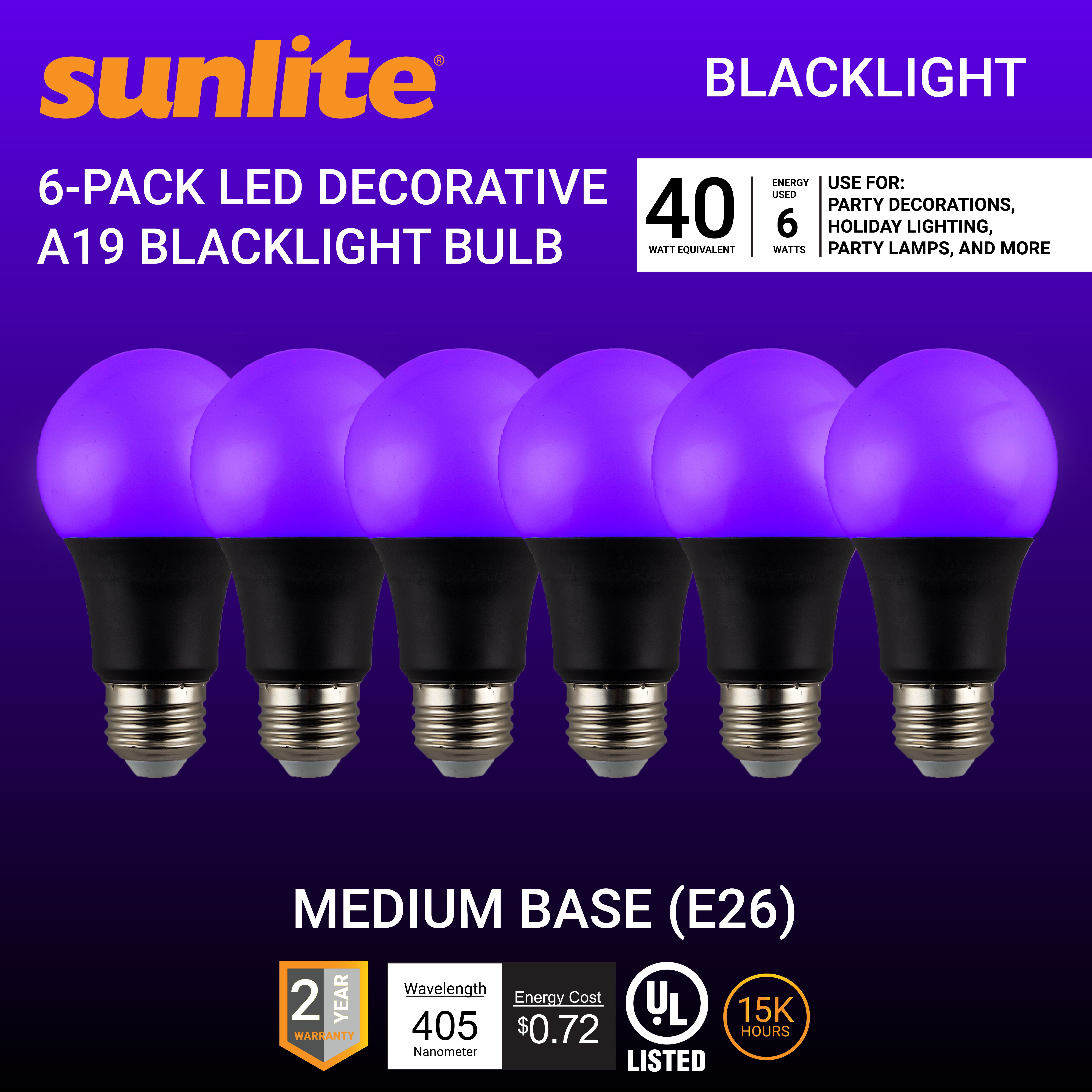 Sunlite LED A19 Black Light Bulbs, 6 Watts (40W Equivalent), 405nm Wavelength, UV Blacklight Blue Purple, Medium E26 Base, Glow in The Dark, Halloween Lights, Party Lamp, Body Paint, 6 Pack