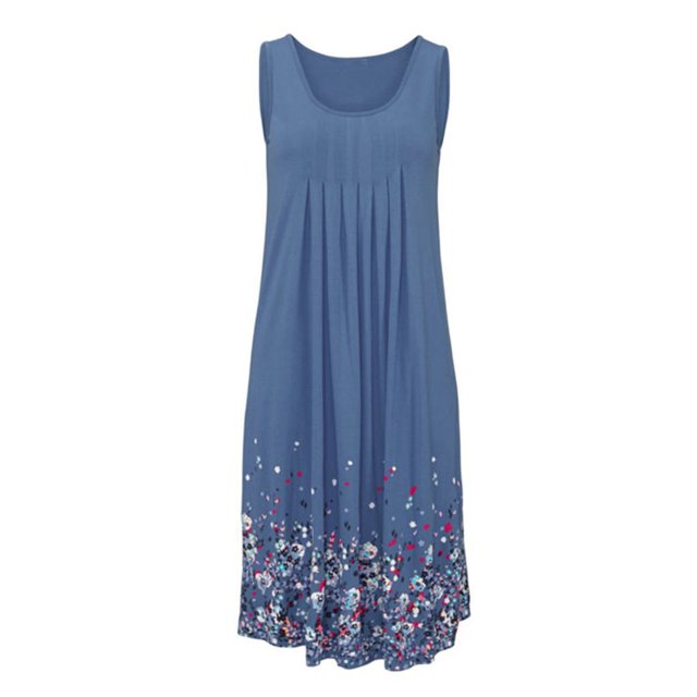 BJYX Robe Sans Manches Plissée Col Carré Imprimé Floral Ample Femmes Été Boho Robe Midi Courte Soirée Fête Plage Robe d'Été