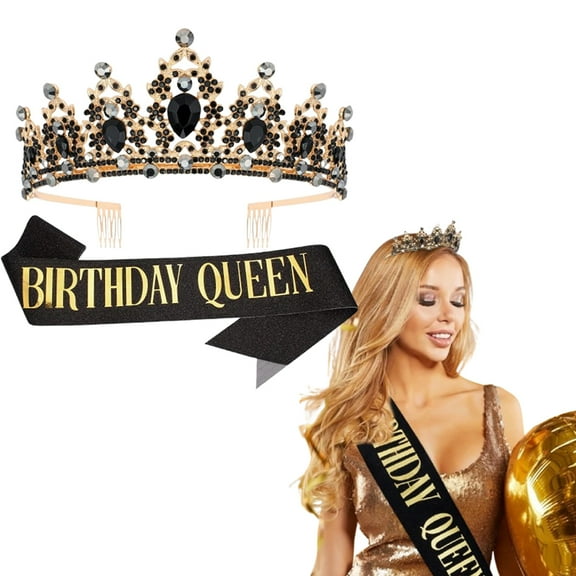 Deluxe Birthday Crown & Sash Kit Sparkling Crystal Tiara and Glitter Foil Sash for Adult Women Teen Girls Party Decoration Photo Prop