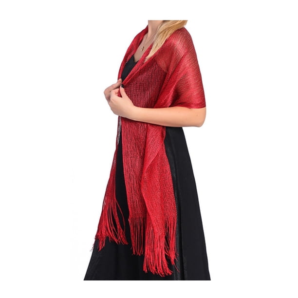 Minnieouse Bufanda brillante de lujo, chal para sombra de protección solar, hilo fino femenino, borla de encaje hueco largo, capas de boda, Ropa, zapatos y accesorios Miscelánea Vino rojo
