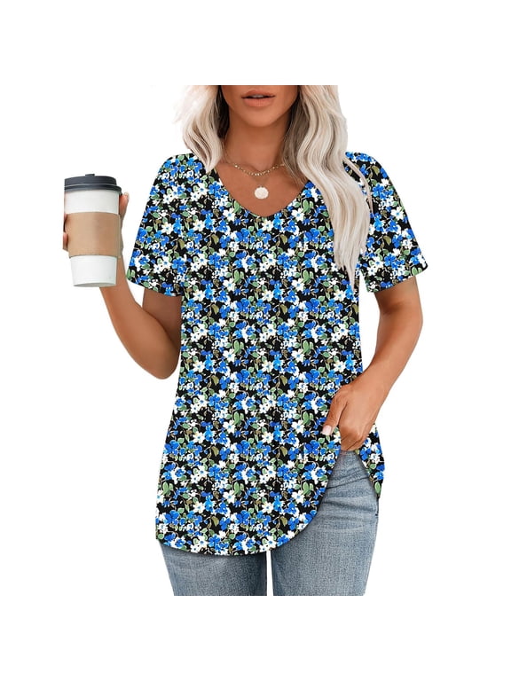 Tops for Women Short Sleeve Pleated V Neck Blouse Floral Blue Drop Shoulder Tunic Tops for Ladies