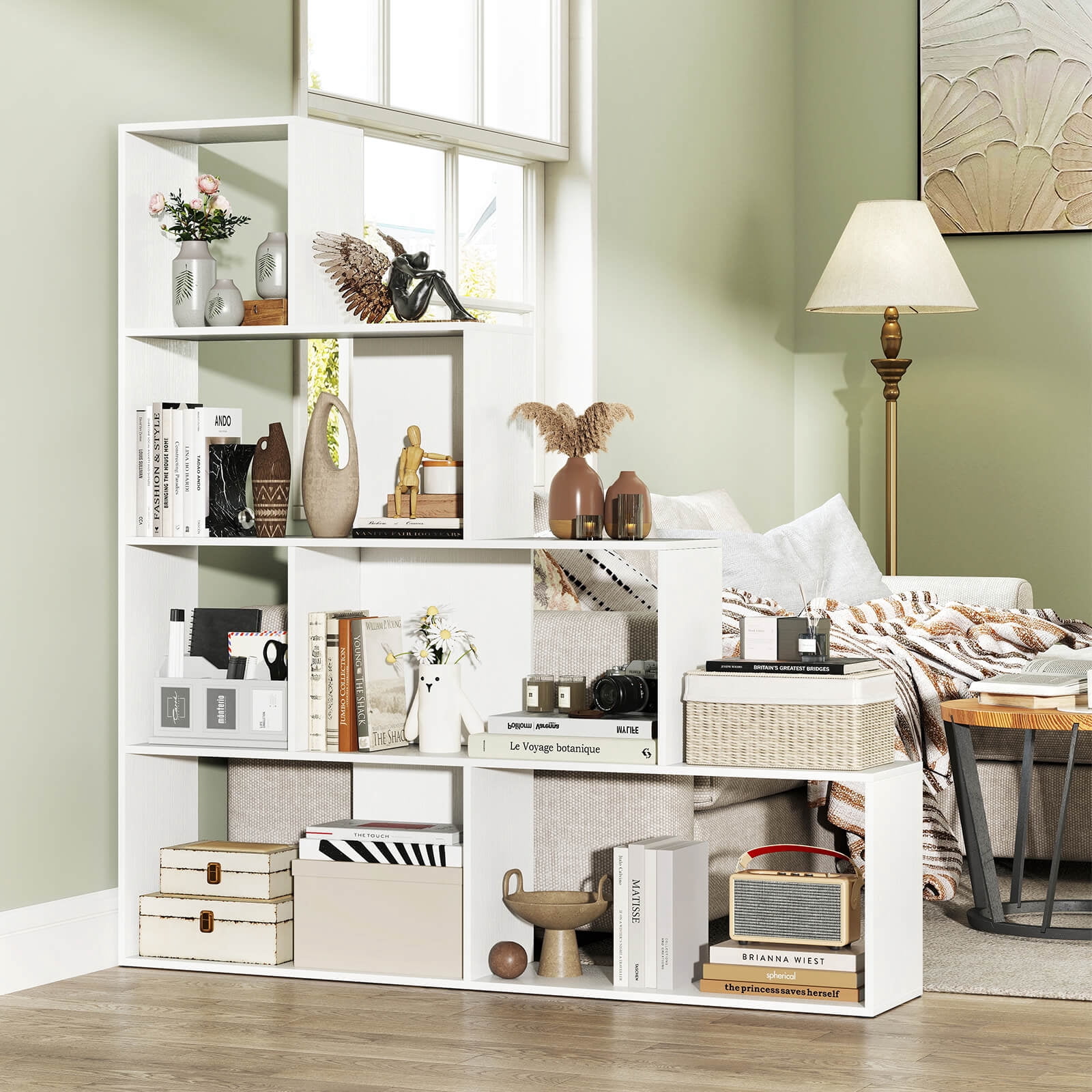 Costway 1 PCS 4-Tier Bookshelf with 6 Storage Cubes 64" Tall Modern Geometric Stair Bookcase