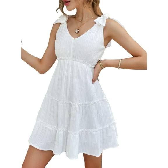 Women'S Tie Shoulder Ruffle Dress Deep V Neck Halter High Waist Layered Short Skirt Cute Babydoll Sundress White L