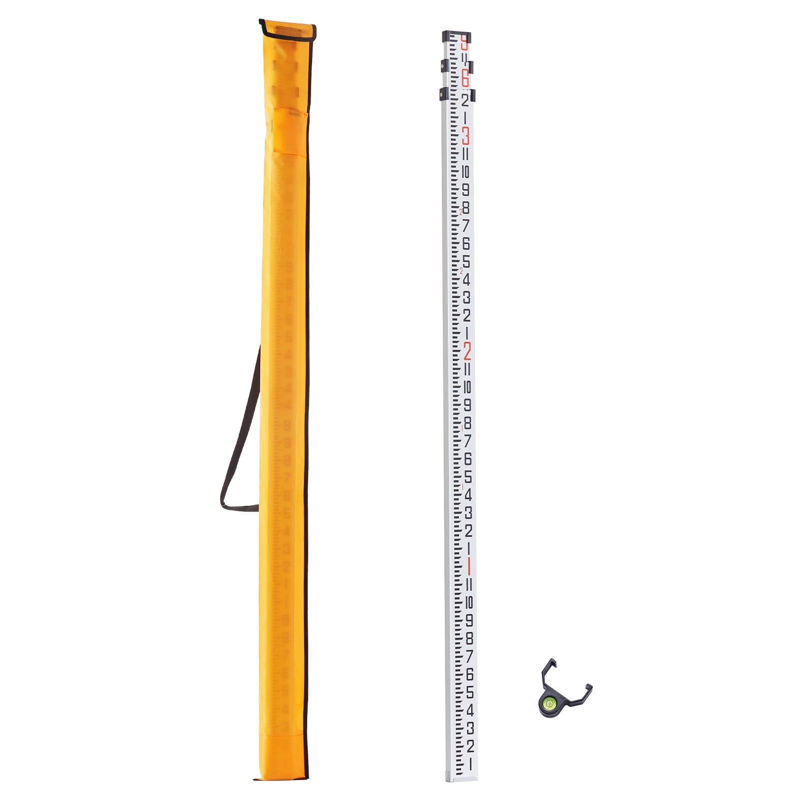 KFFKFF Aluminum Measuring Stick, 9-Ft/8ths, 3-Part Telescopic Rod, Dual-Sided 1/8in Scale, Alloy Leveling Rod with Bubble Level & Bag for Home, Wall, Floor Surveys
