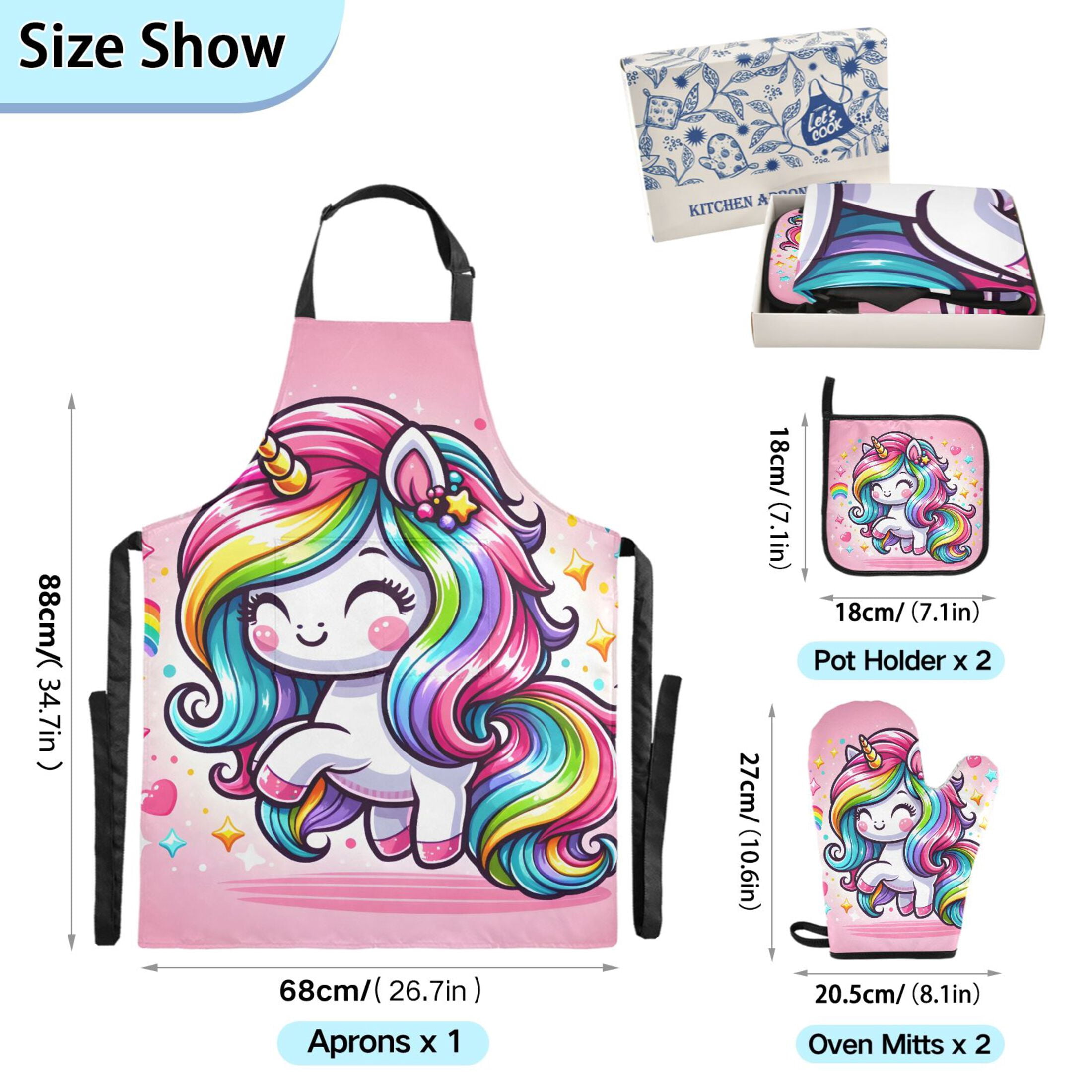 Cute Cartoon Rainbow Unicorn 5 Pcs Kitchen Set Heat Resistant Oven Mitts and Non-Slip Pot Holders with Adjustable Cooking Apron