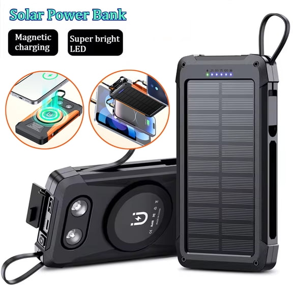 30, 000Mah Solar-Powered Magnetic Wireless Charger Power Bank Featuring Dual Flashlights And Integrated Cables for Iphone 17, 16, And Samsung S24, S23, S22