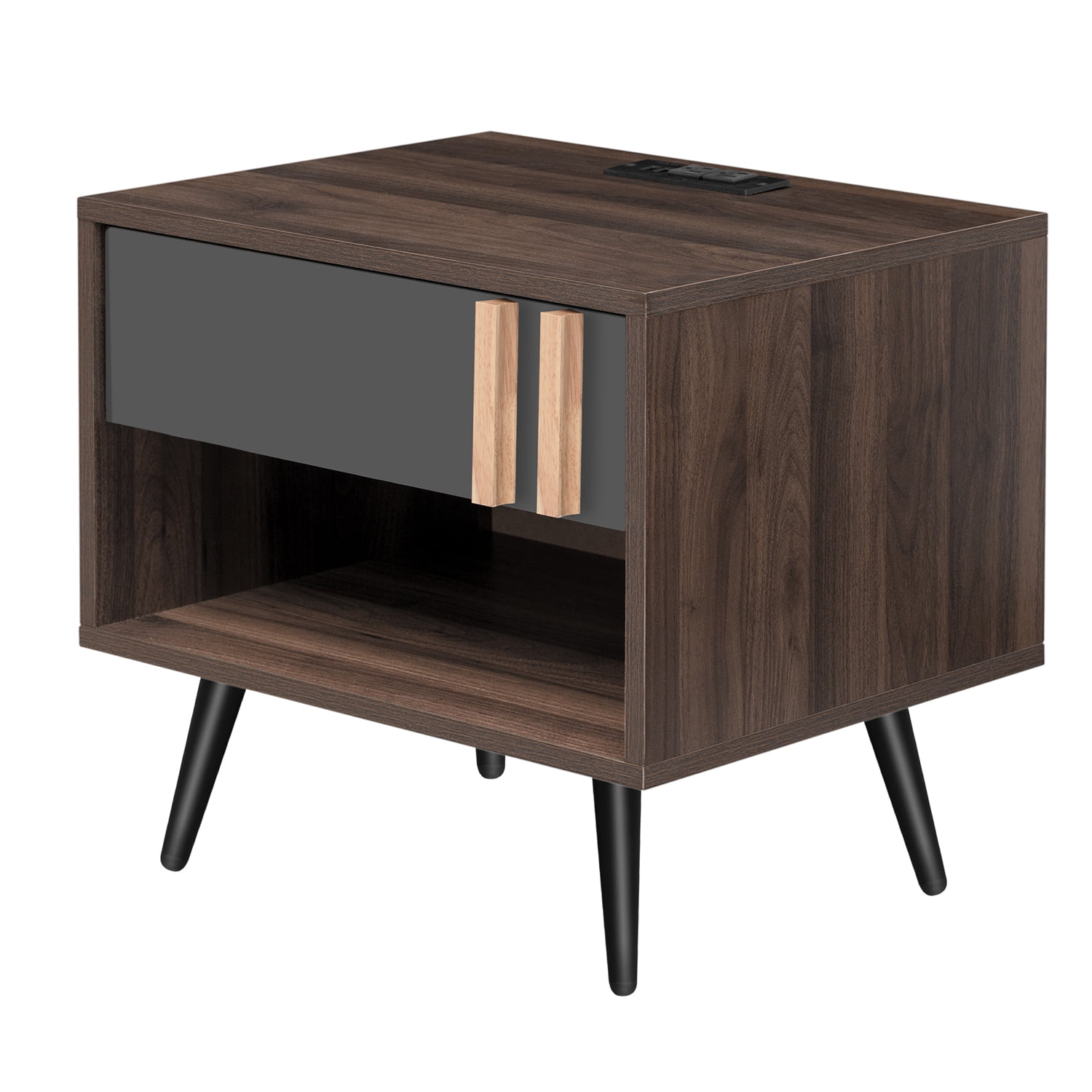 Kadyn Modern Wooden Nightstand, Storage Bedside Table with USB Ports, End Table for Living Room and Bedroom, Gray+Walnut