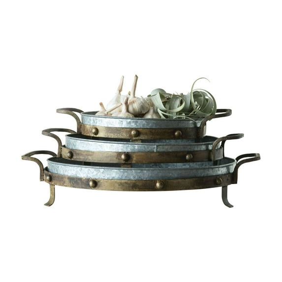 3R Studios Antique Brass Galvanized Metal Tray Pedestals with Handles - Set of 3
