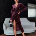 thumbnail image 2 of Womens V Neck Long Sleeve Velvet Maxi Dresses Ruched Slim Fit Side Split Elegant Formal Cocktail Dress Evening Prom Gown, 2 of 5