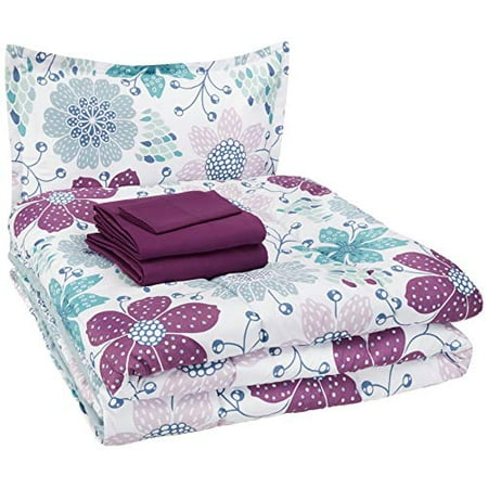 Basics Easy Care Super Soft Microfiber Kid's Bed-in-a-Bag Bedding Set - Twin, Purple Flowers