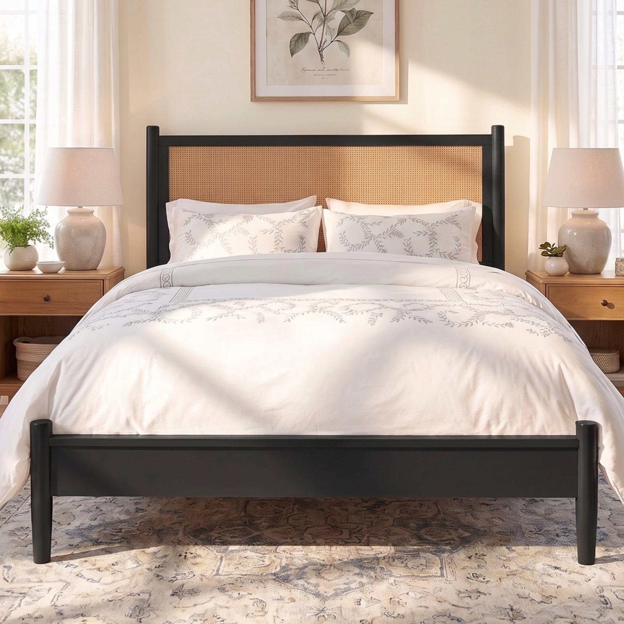 Euroco Modern Wood King Size Platform Bed with Rattan Headboard,Wicker Bed, No Box Spring Needed, Black