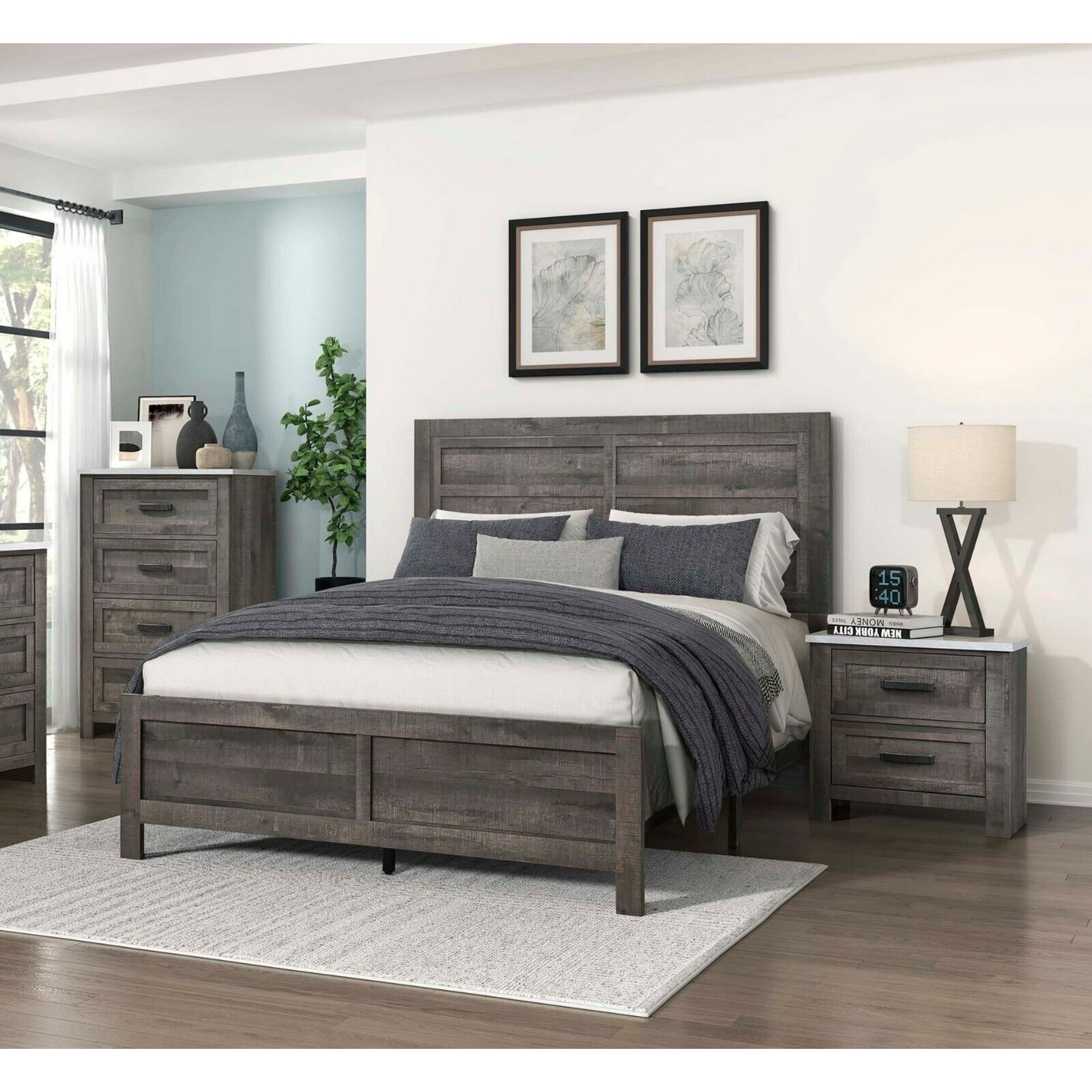 Rustic Gray Bedroom Furniture 3pc King Panel Bed Set Two Nightstands Set Walmart