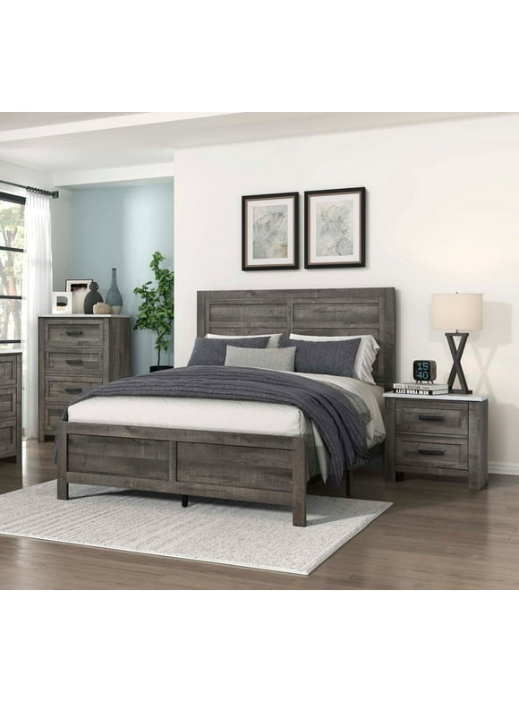 Rustic Gray Bedroom Furniture 3pc King Panel Bed Set Two Nightstands Set