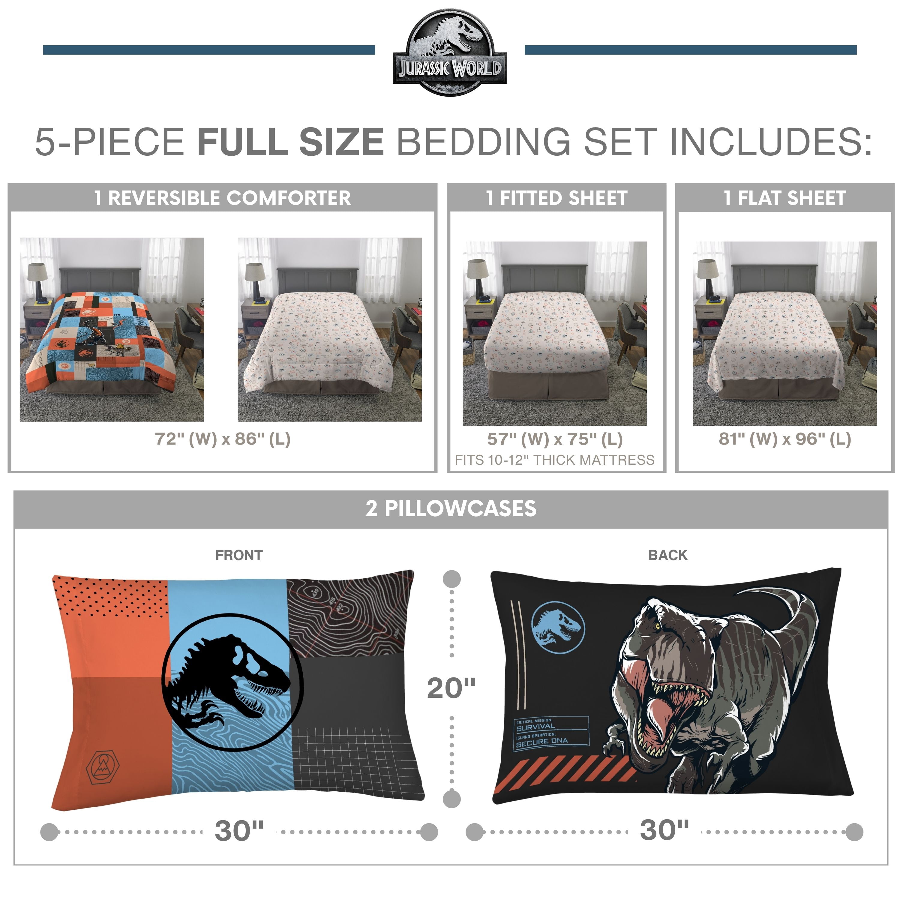 Jurassic World Kids Full Bed in a Bag, 5Pc Bedding Set, Comforter and Sheets
