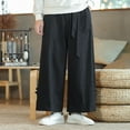 thumbnail image 2 of Mens Pants Casual Solid Color Retro Straight Wide Leg Elastic Waist Drawstring Trousers with Pockets Summer Fall Loose Mens Slacks Black M, 2 of 4
