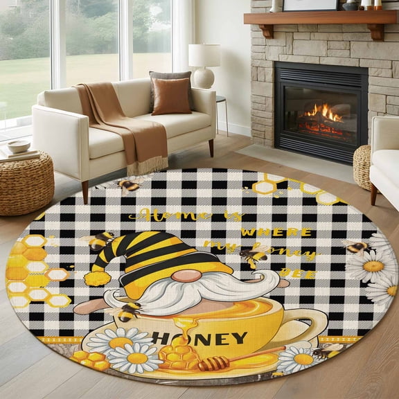 Round Rugs 5Ft, Yellow Gnomes Round Area Rug Washable Indoor Throw Carpet, Vintage Buffalo Plaid Black Bee Daisy Soft Non Slip Circle Rug for Cabinet Bathroom Home Decor Aesthetic
