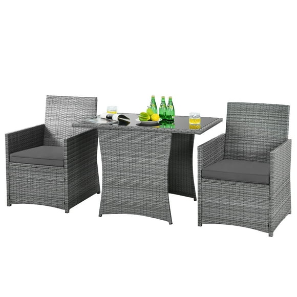 Patiojoy 3PCS Patio Rattan Furniture Set Outdoor Wicker Table & Chair Set w/Cushions Gray