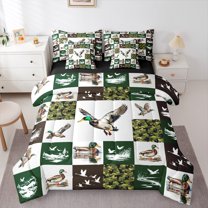 Homewish Mallard Duck 7-Piece Twin Bedding Sets For Teens Boys Girls,Geometric Plaid Grid Bedding Comforter Set,Green Camo Camouflage Breathable Sheet Sets,Breathable Home Decor,Reversible