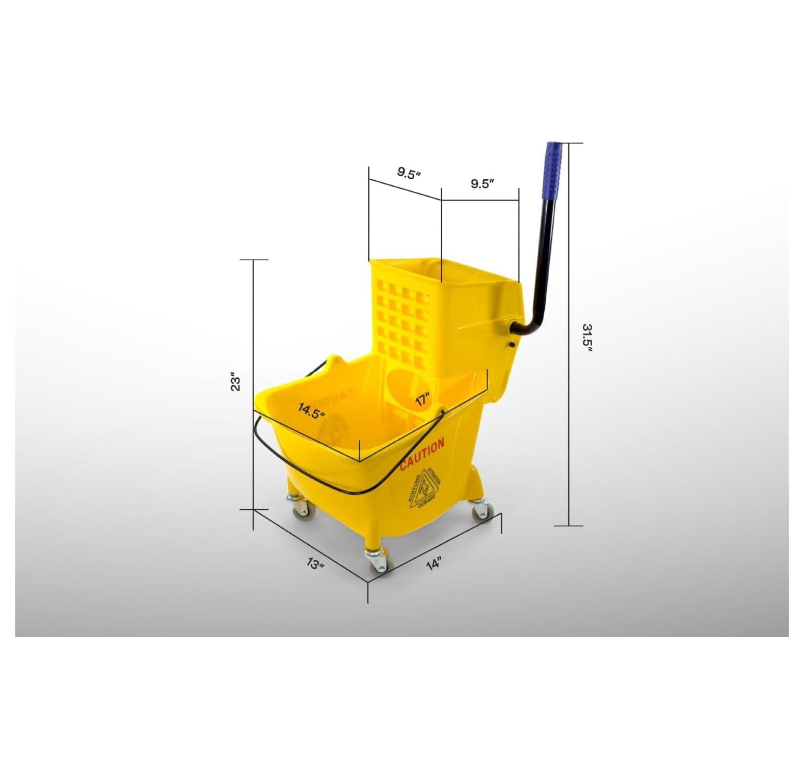 Mop Bucket 25 Quart | Side Press Wringer | 4 Wheels 2" | Yellow