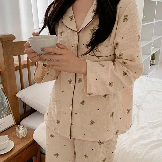 Conjunto de pijama Kawaii para mujer, ropa de dormir de 2 piezas, Top de manga larga, pantalones, bata de casa, moda coreana