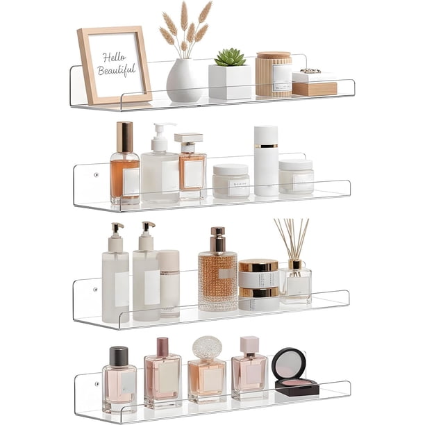 Repisas Flotantes de Pared de Acrílico, Juego de 4 Piezas, Repisas Transparentes sin Taladro para Dormitorio, Baño, Cocina, Salón, Figuras, Vinilo