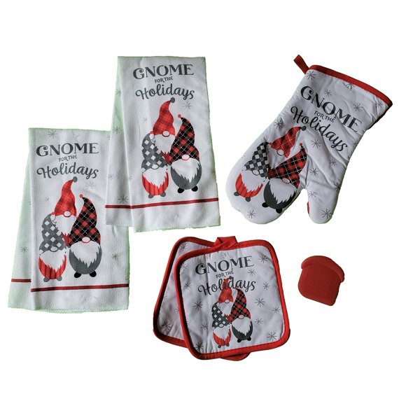 The Spotted Moose Holiday Christmas Sentiment Gnome Theme Kitchen Towel Set with 2 Quilted Pot Holders, 2 Dish Towels and 1 Oven Mitt