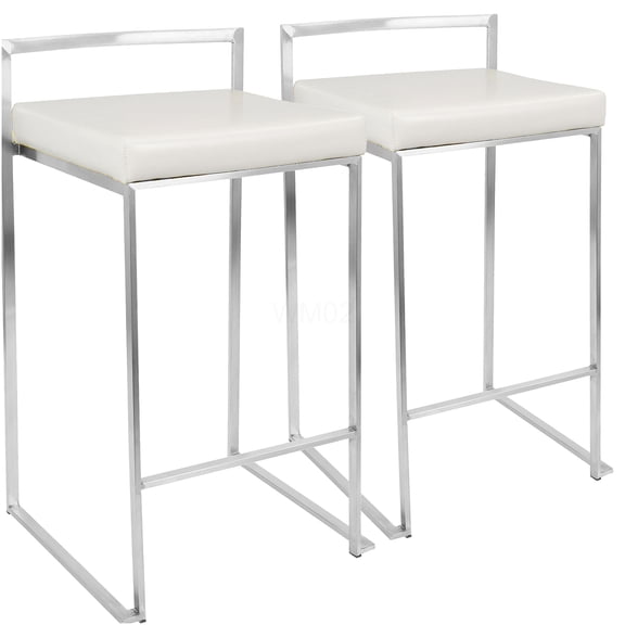 White Faux Leather Counter Stools, Set of 2 Stackable Modern Bar Stools with Padded Seat for Kitchen Island