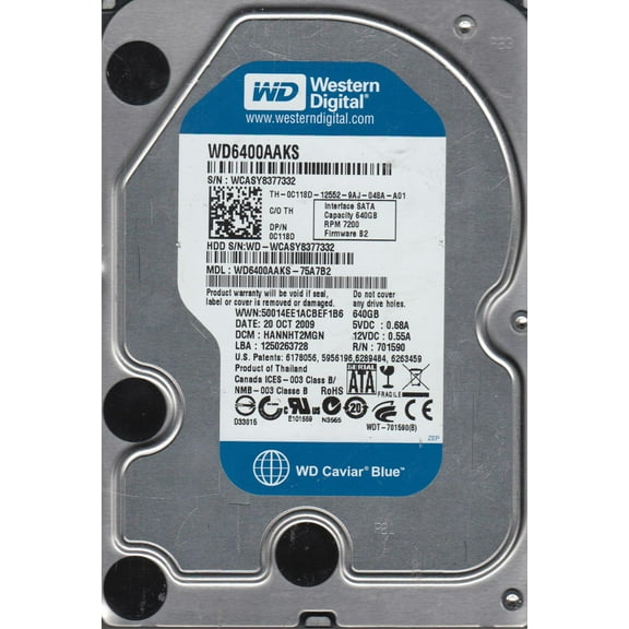 WD6400AAKS-75A7B2, DCM HANNHT2MGN, Western Digital 640GB SATA 3.5 Hard Drive