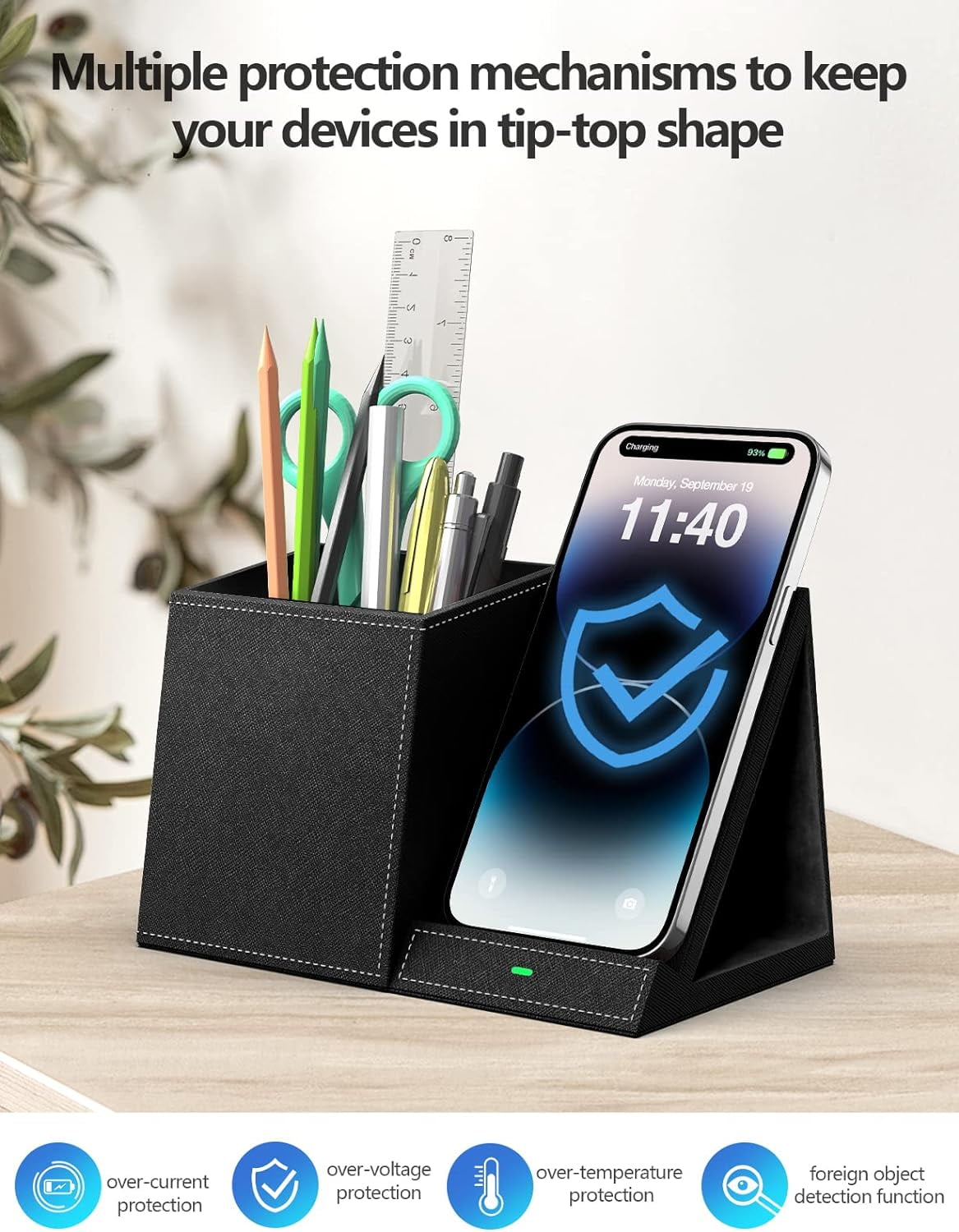 Miroddi Desk Organizer with Wireless Charging for iPhone, PU Leather with Pencil Holder for Desk & Nightstand, 1 Pack