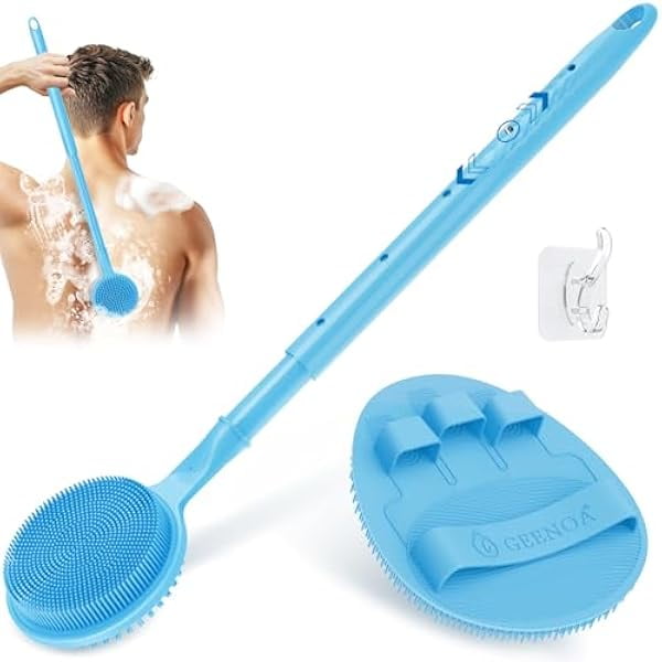 wonima11 Soft Silicone Back Scrubber & Bath Glove 2PCS, 16''- 24'' Extendable Shower Scrubber with Dual-Side Head, 360° Anti-Slip & Hand-fit Silicone Body Scrubber for Rich Foaming Deep Cleaning(Blue)