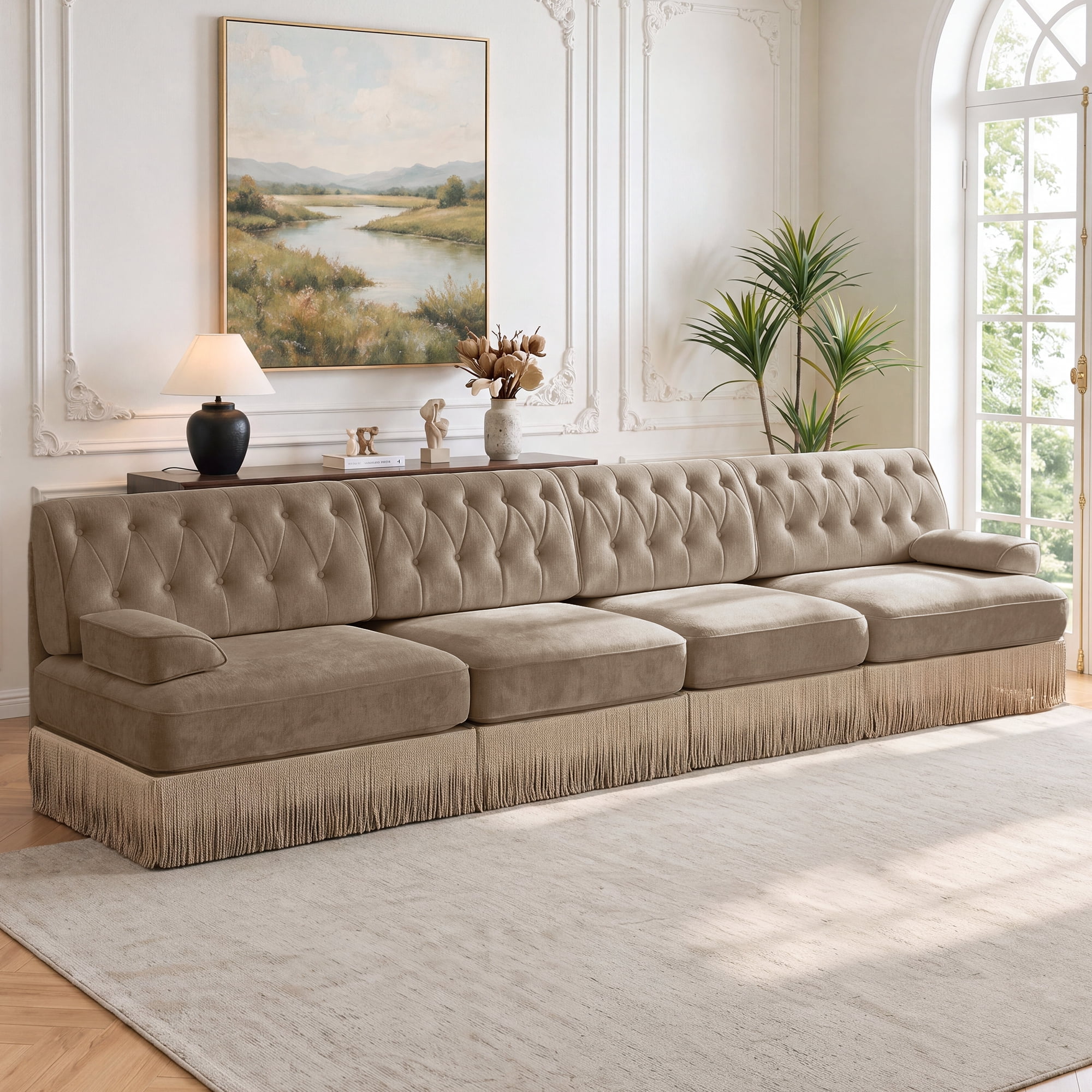 135" Velvet Fabric 4-Seater Sofa with Tassel Fringe Skirt and Button Tufted Design, Easy to Assemble
